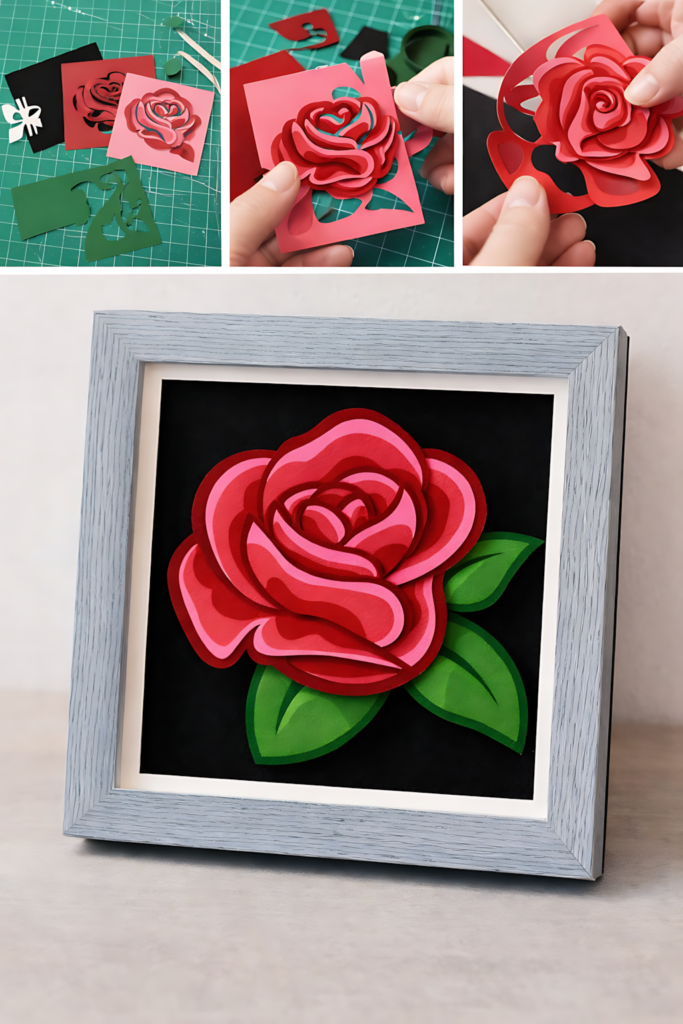 Step-by-step collage of a Valentine layered rose papercut with a finished framed design