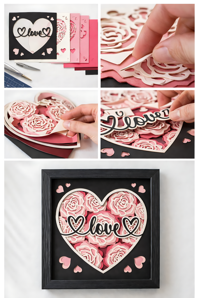 Valentine love heart shadow box collage