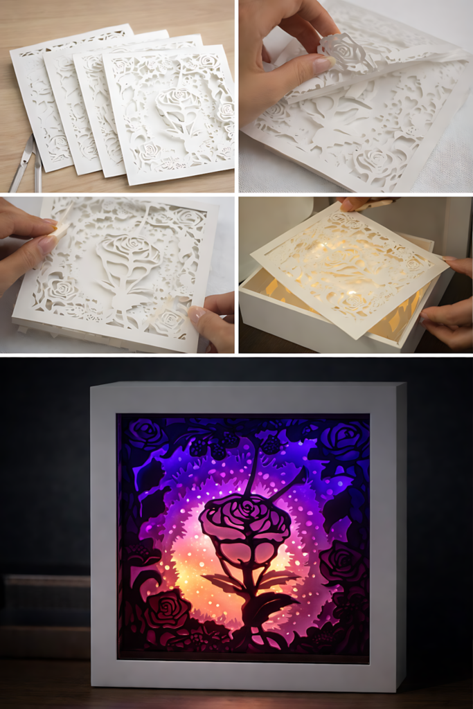 White rose shadow box process collage