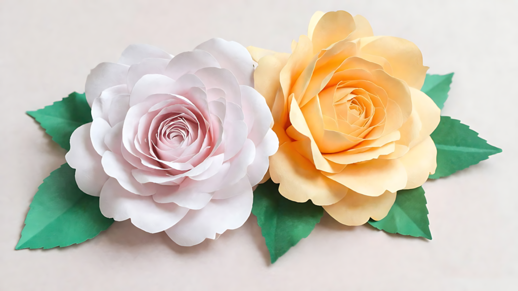 Wild rose paper flower SVG in white and yellow with green leaves