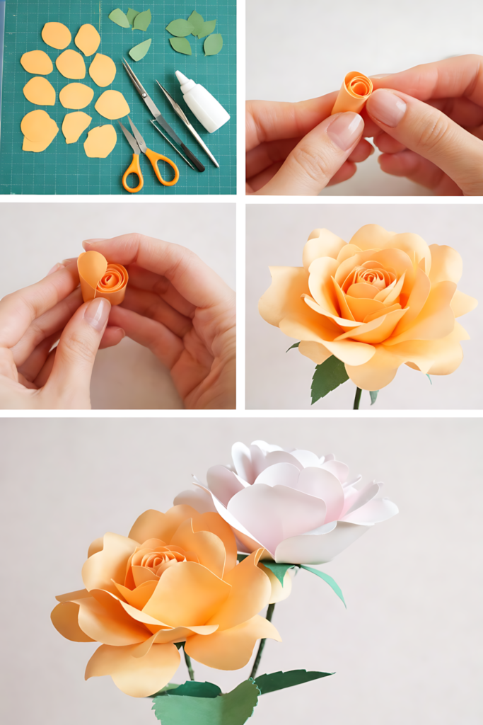 Step-by-step collage showing wild rose paper flower SVG assembly and finished flowers