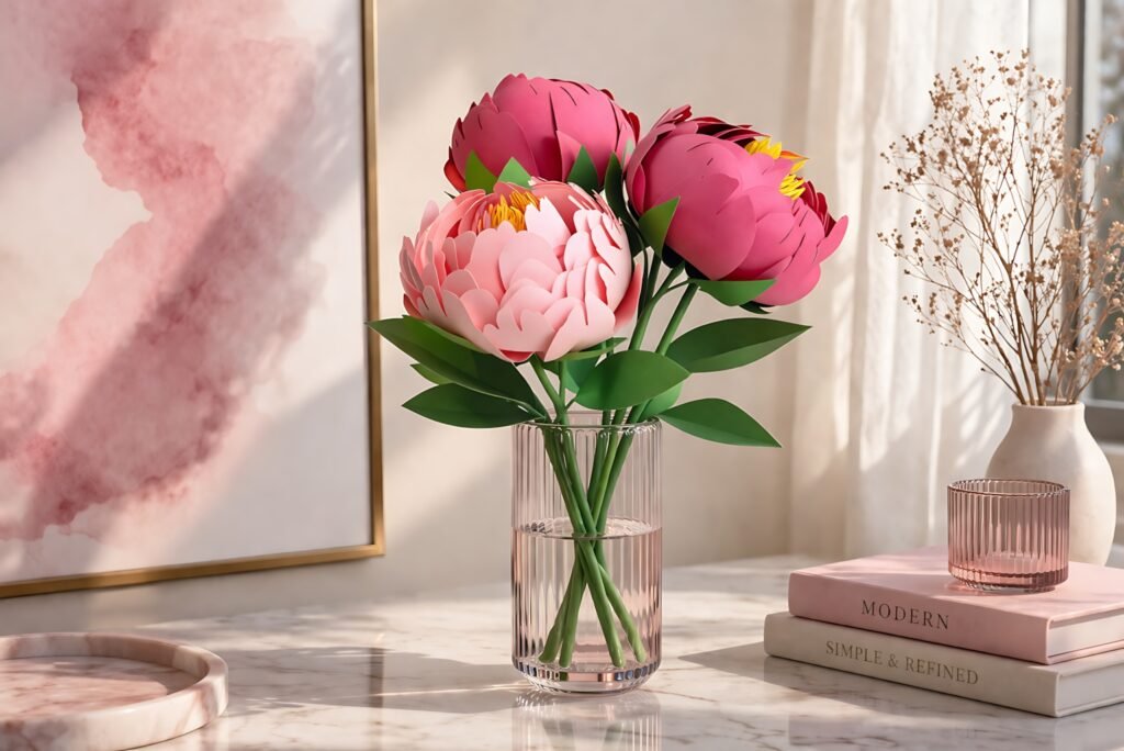 Pink paper peony flowers in a glass vase on a soft neutral table