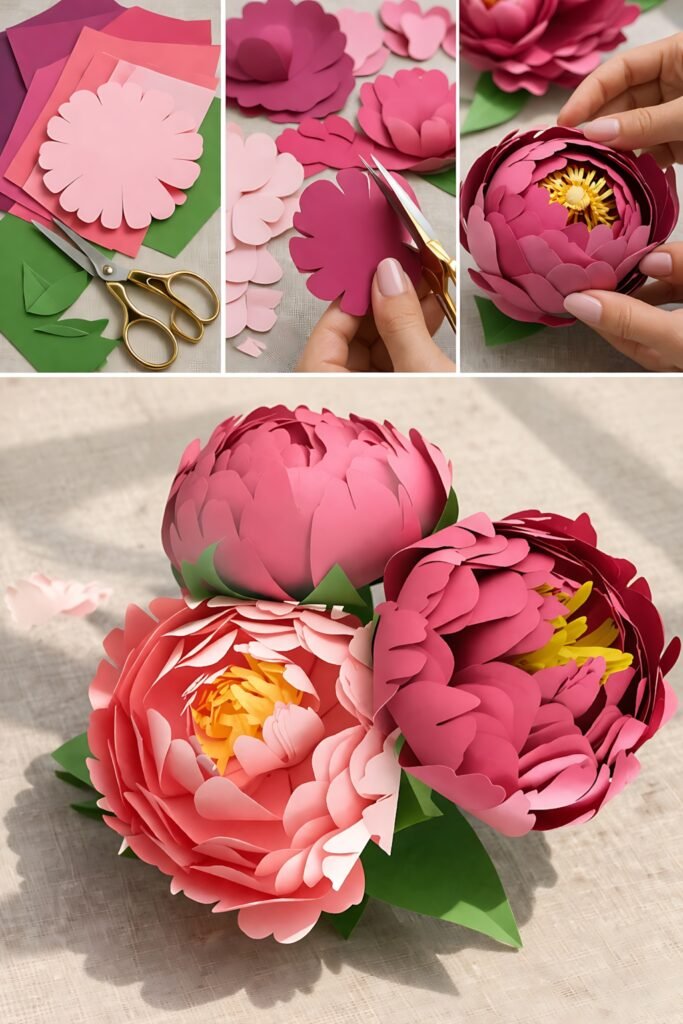 Layered paper peony flowers with cutting pieces and assembly steps
