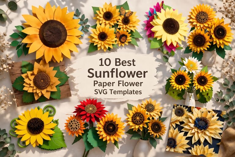 sunflower paper flower SVG templates collage with layered handmade sunflower designs