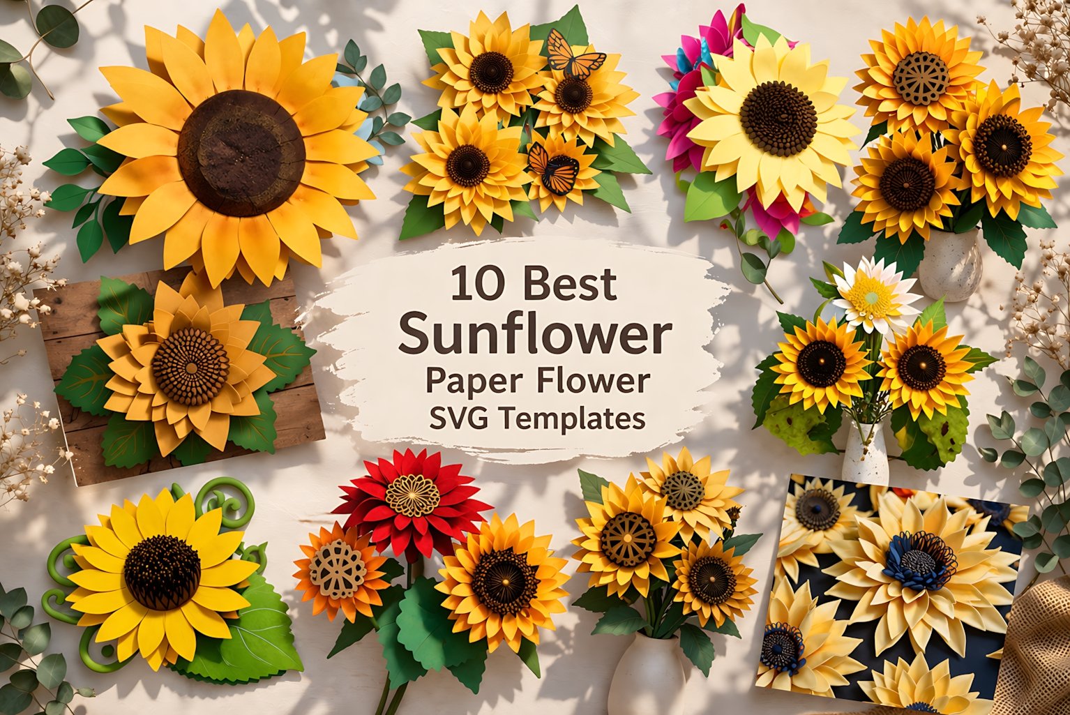 sunflower paper flower SVG templates collage with layered handmade sunflower designs