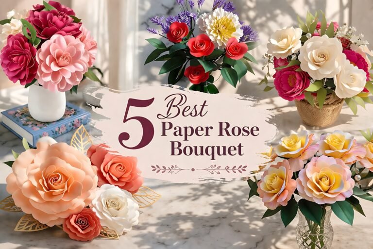 Collage of five paper rose bouquet SVG templates in soft romantic floral styles
