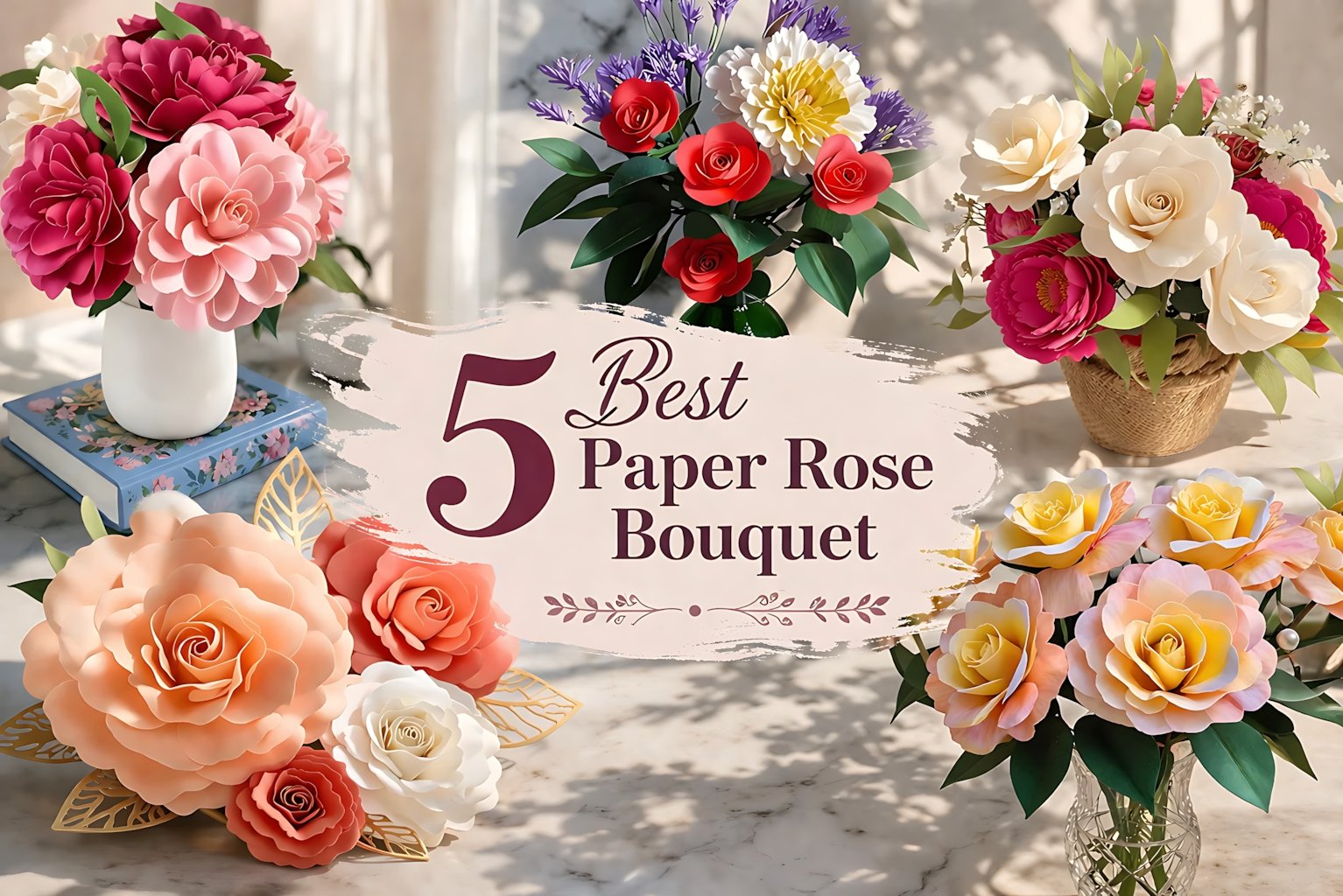 Collage of five paper rose bouquet SVG templates in soft romantic floral styles