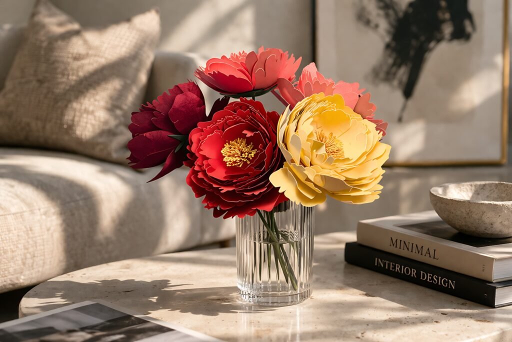 Colorful paper peony bouquet in a glass vase