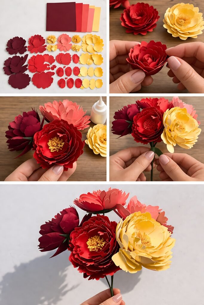 Paper peony bouquet assembly with layered flower pieces