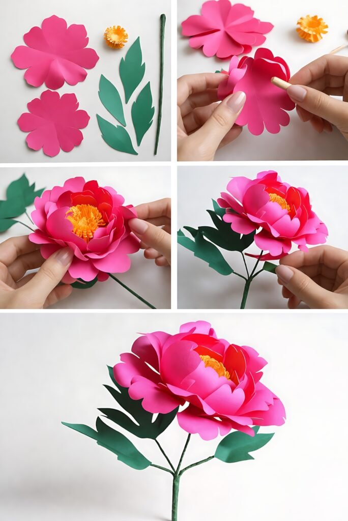 Paper peony flower assembly with petals and finished bloom