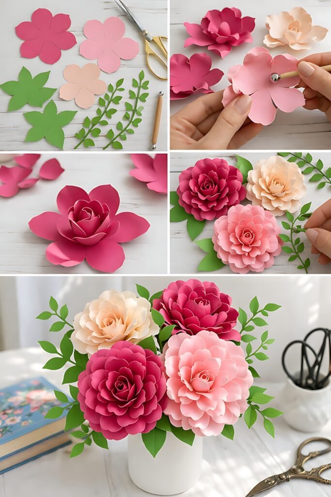 Paper flower bouquet assembly with pink petals, green leaves, and finished blooms