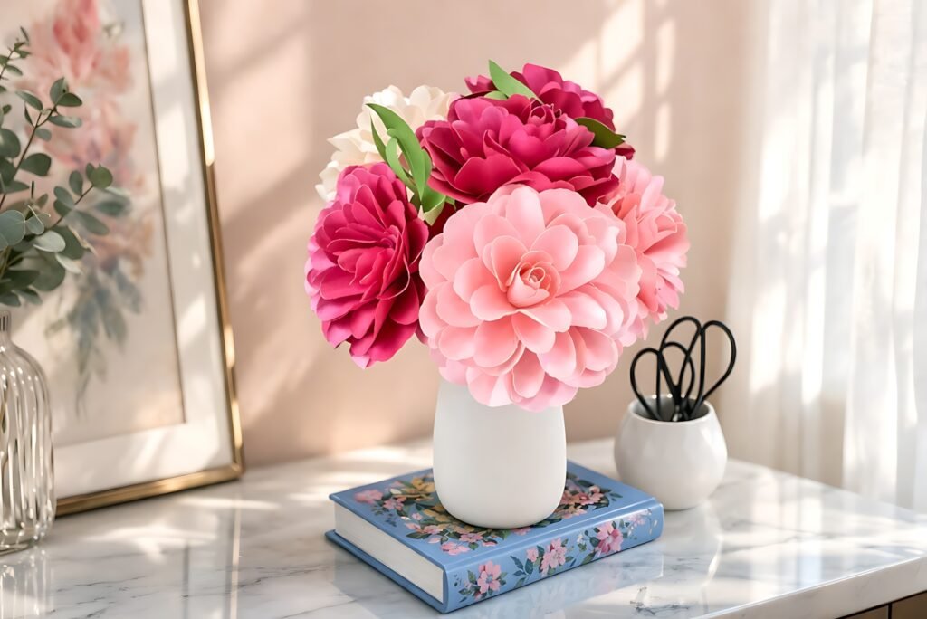 Paper rose bouquet SVG with layered pink and cream camellia-style flowers