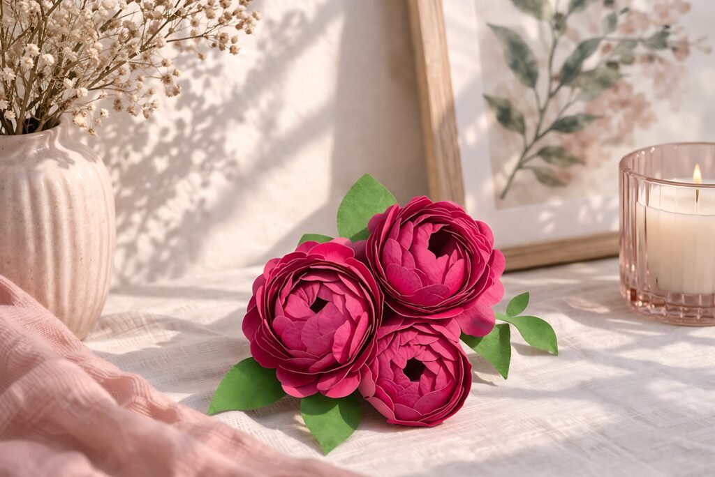 Pink paper peony arrangement on a soft neutral table
