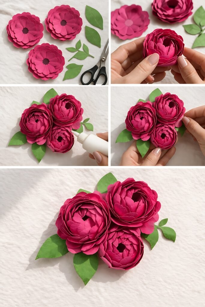 Paper peony arrangement with layered pieces and assembly steps