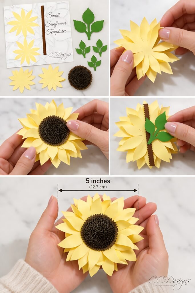 Classic sunflower paper flower template pieces and assembly steps