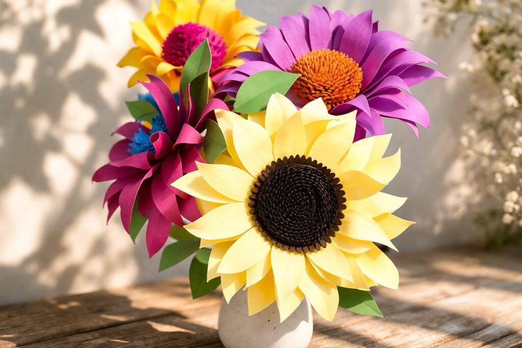 Finished classic sunflower paper flower measuring 5 inches wide