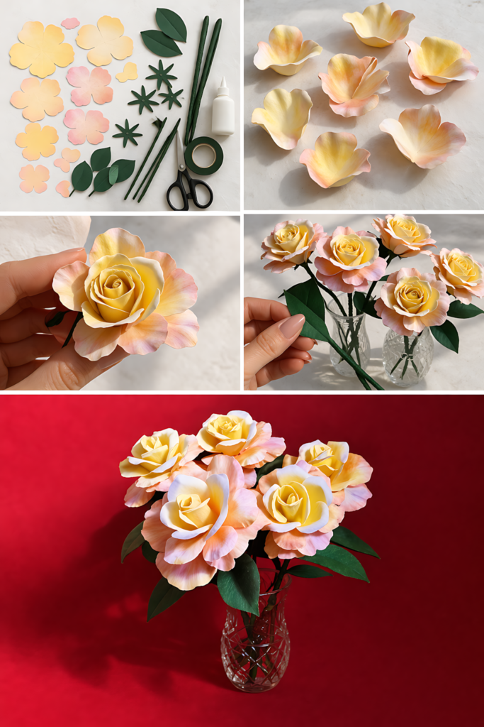 Paper rose bouquet assembly with petals, leaves, and finished flowers