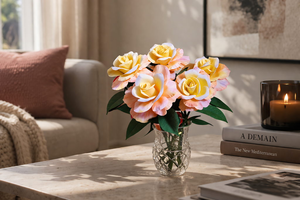 Paper rose bouquet SVG with layered yellow and blush roses in a glass vase