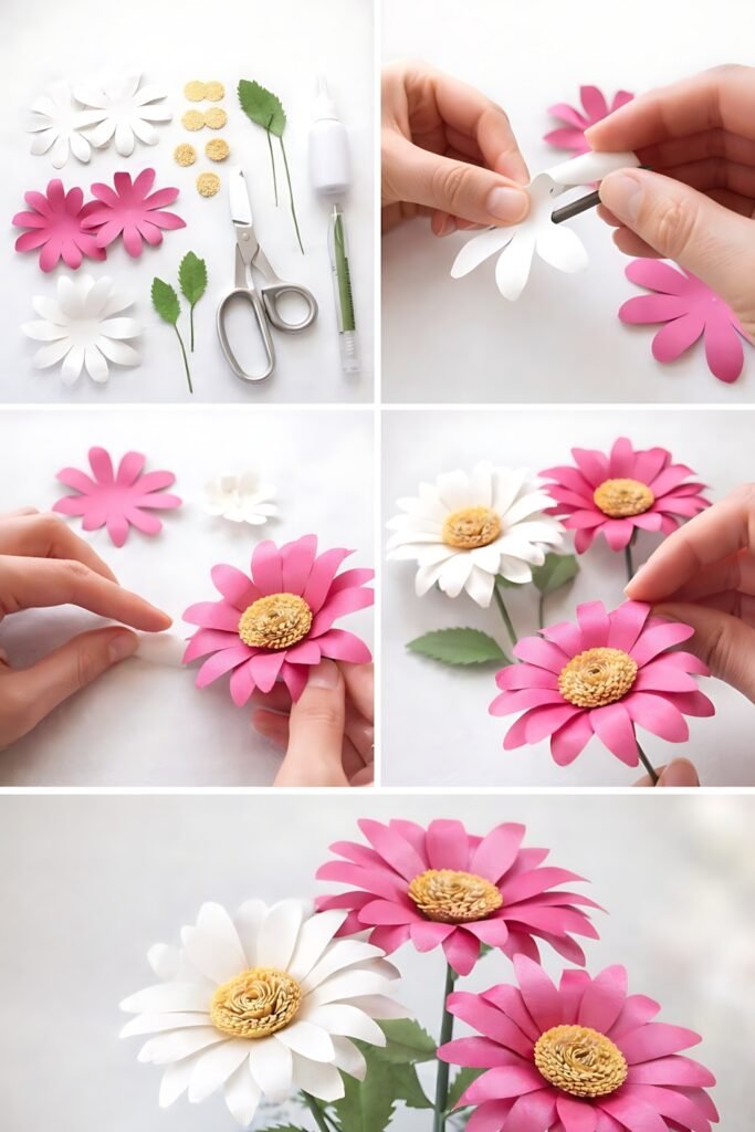 Paper daisy flower assembly process