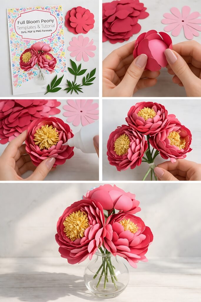 Full bloom paper peony assembly with petals and finished bouquet
