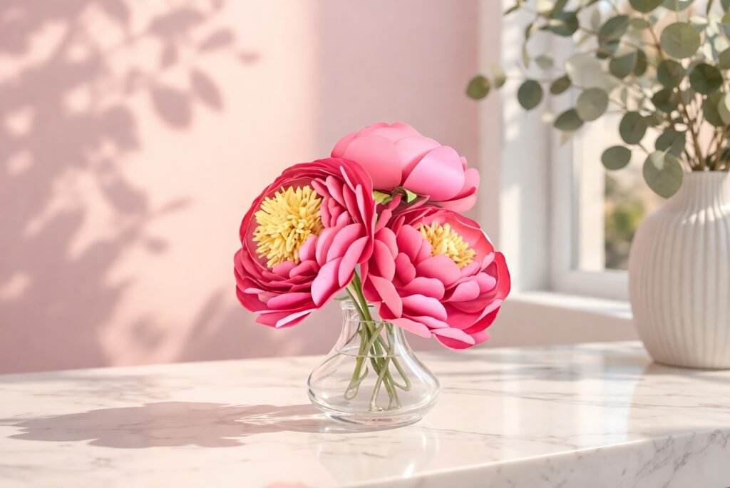Full bloom paper peony bouquet in a small glass vase