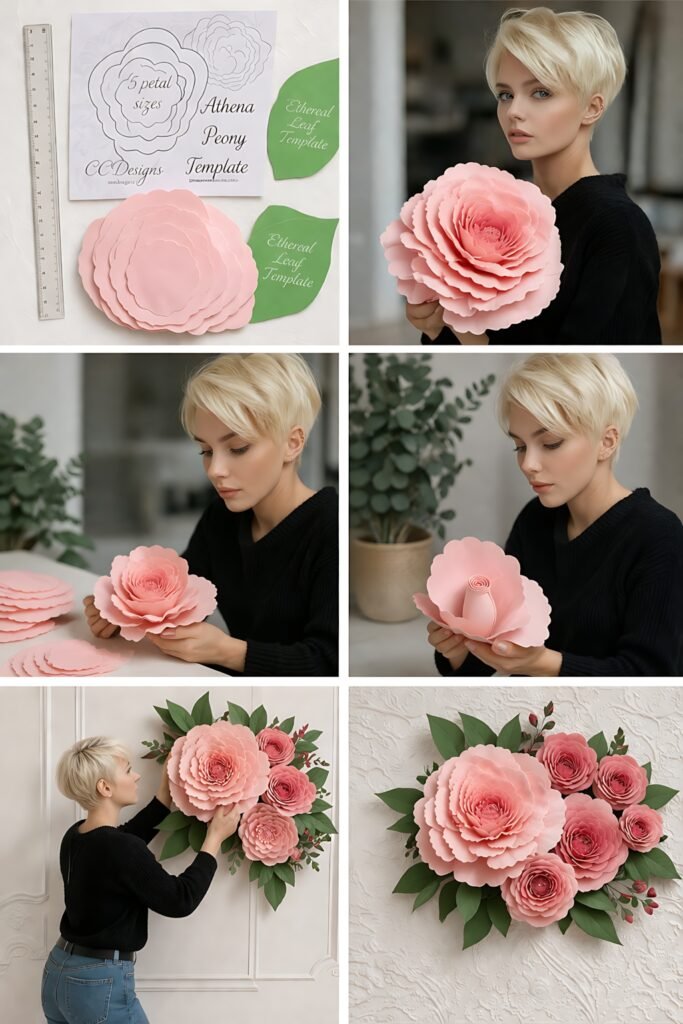Giant paper peony assembly and wall display process
