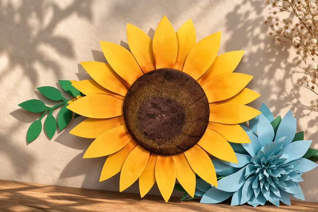 Finished giant sunflower paper flower measuring 12 to 14 inches wide