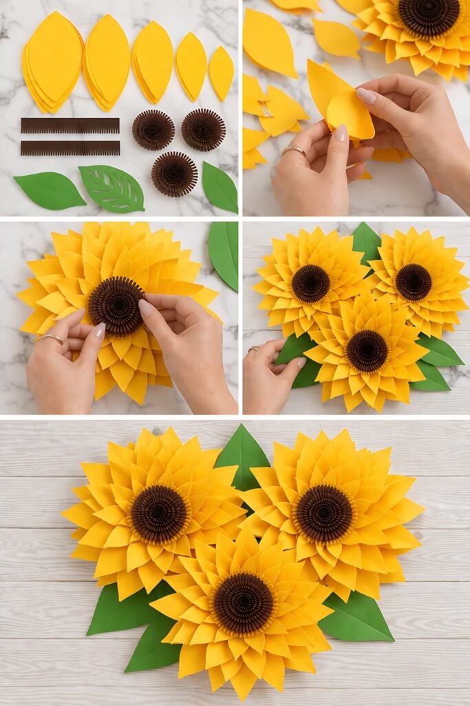 Giant sunflower paper flower pieces and assembly steps