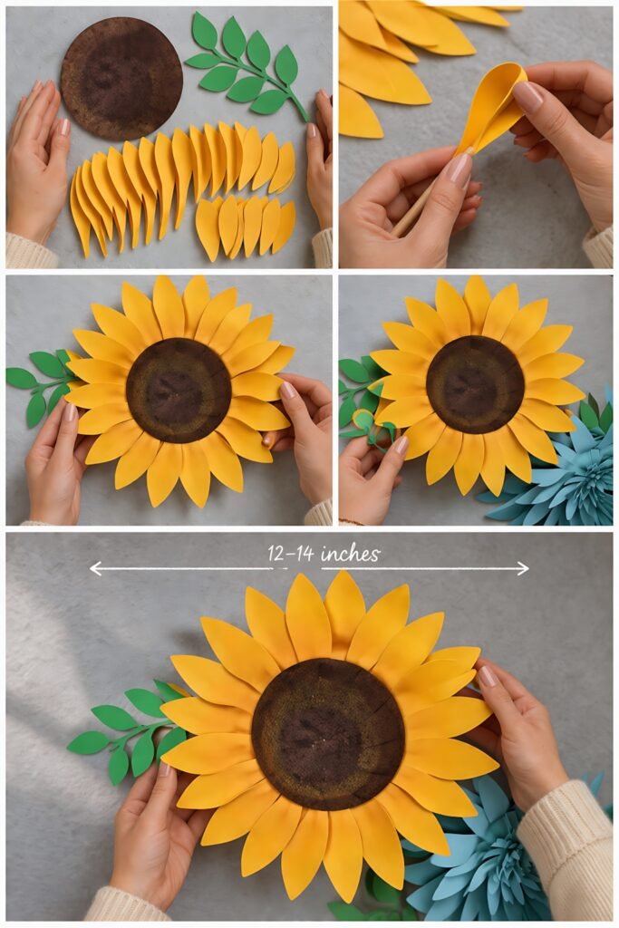Giant sunflower paper flower pieces and assembly steps