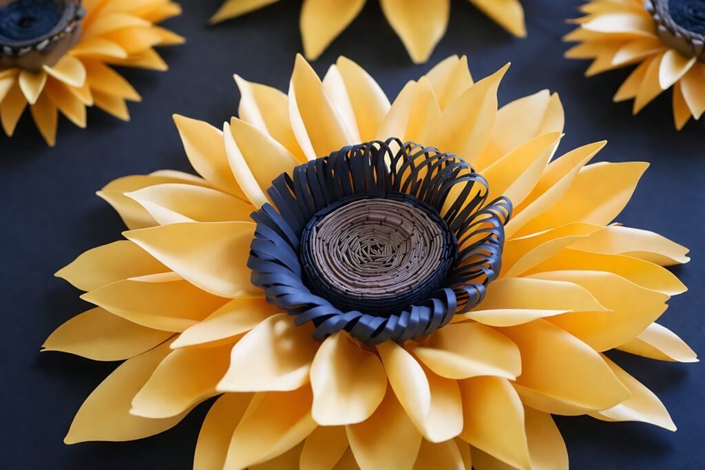 Sunflower paper flower template pieces and assembly steps