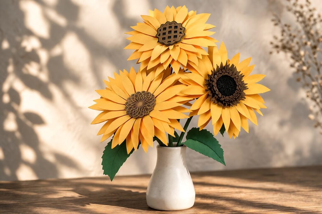 Finished layered paper sunflower stem arrangement in a vase