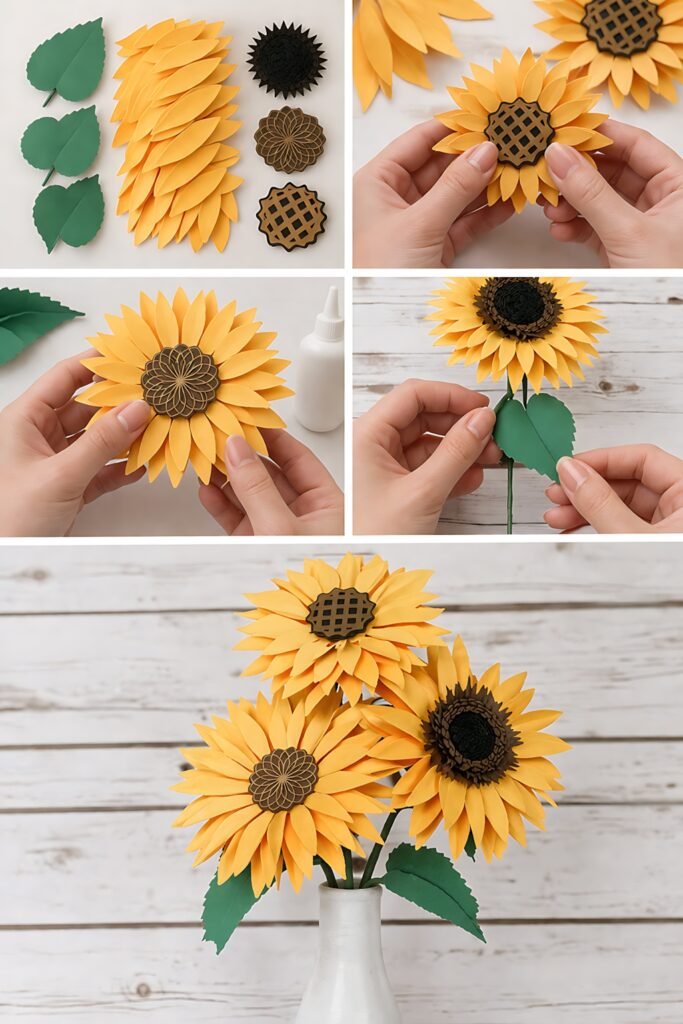 Layered paper sunflower stem pieces and assembly steps