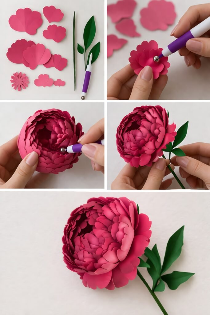 Paper peony assembly with layered petals and shaping steps