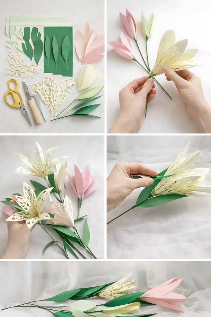 Paper lily bouquet assembly