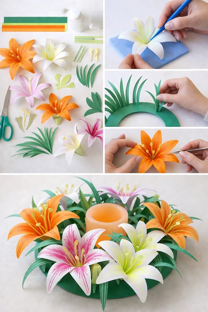 Paper lily wreath assembly
