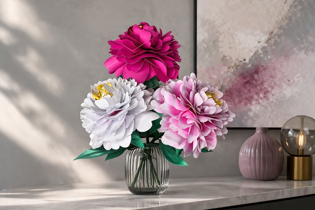 Paper peony bouquet in a glass vase with pink and white blooms