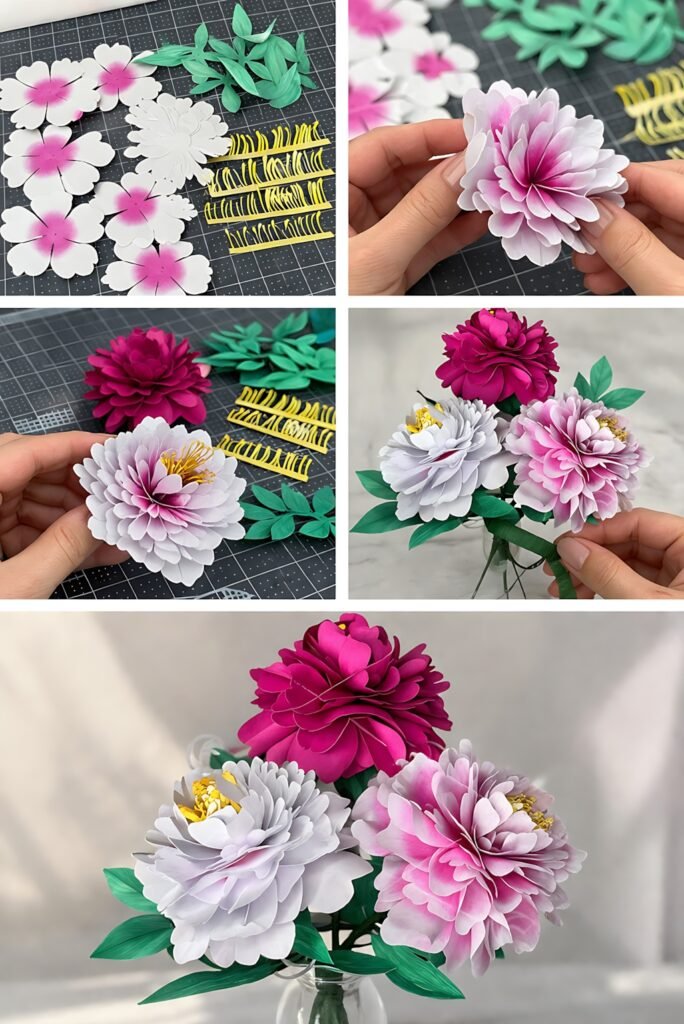 Paper peony bouquet assembly with layered petals and cut pieces