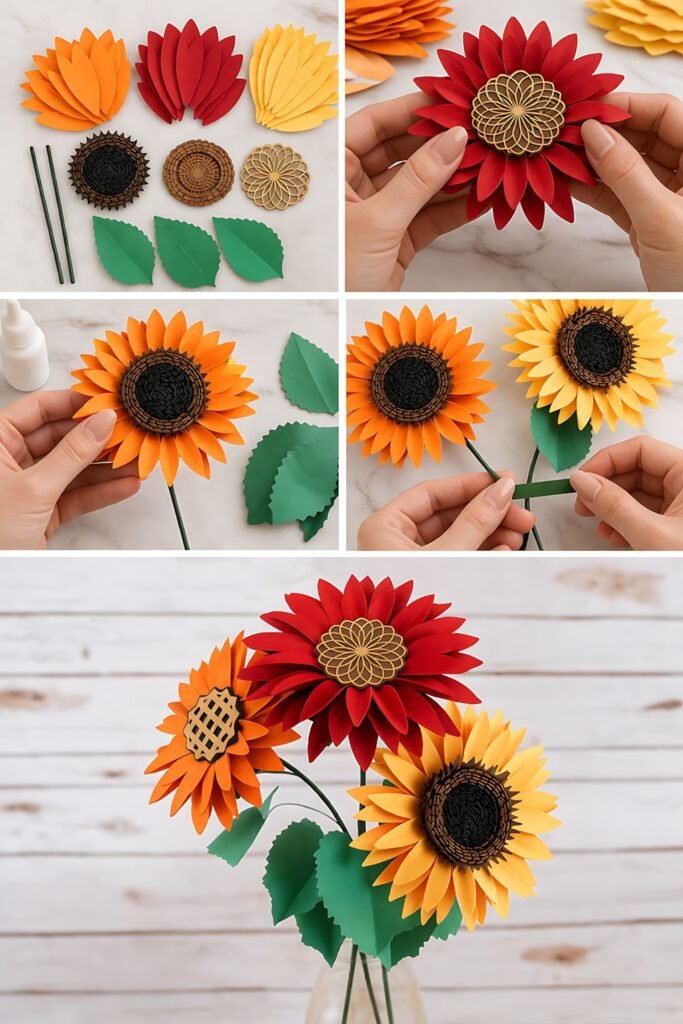 Paper sunflower stem template pieces and flower assembly steps