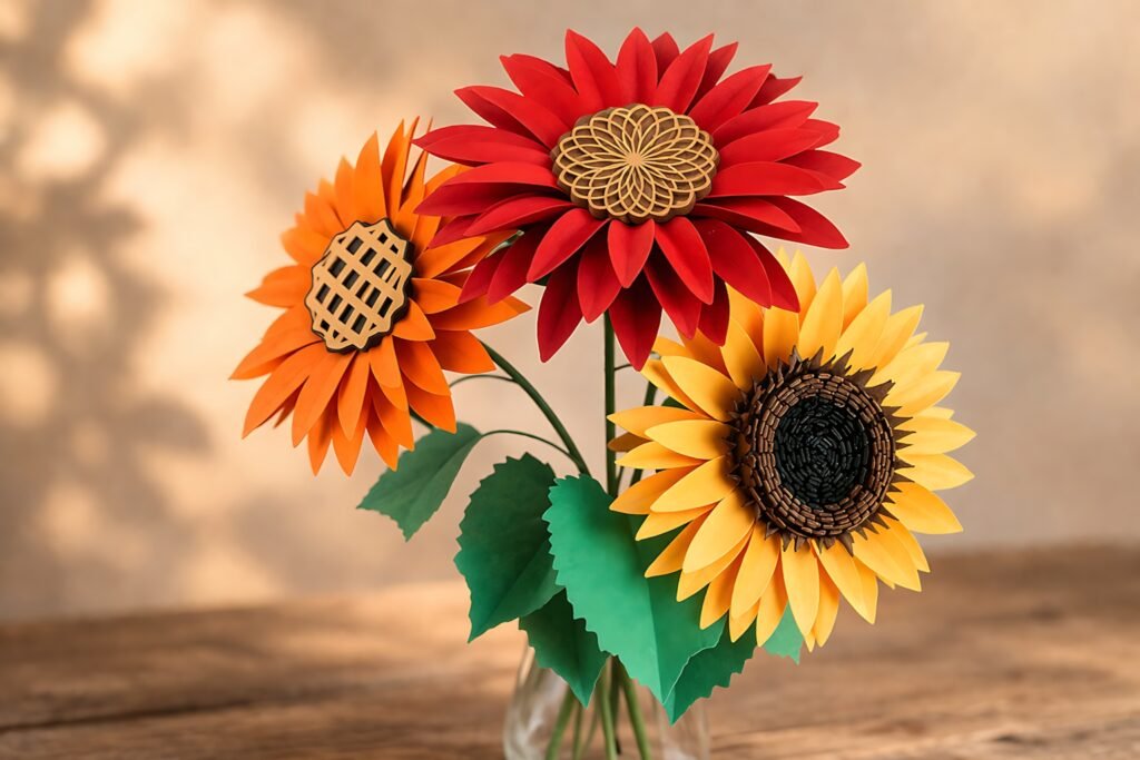 Finished paper sunflower stem bouquet with three flower styles