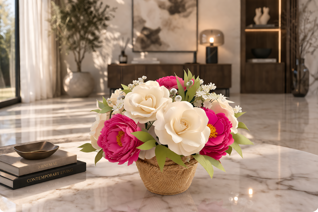 Paper rose bouquet with cream roses and bright pink flowers