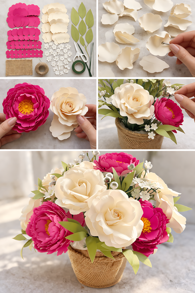 Paper rose bouquet assembly collage with petals, leaves, and finished flowers