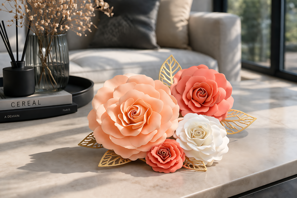 Paper rose bouquet SVG with layered peach, coral, and white roses