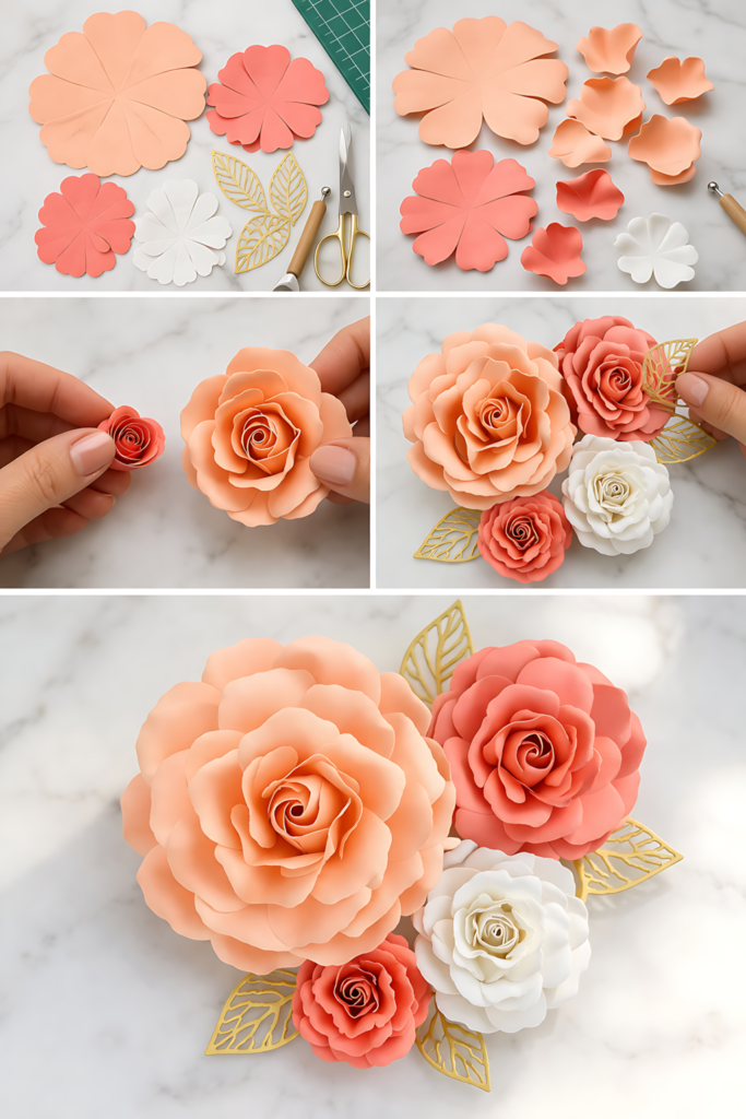 Paper rose petals and finished flowers during bouquet assembly