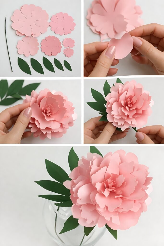 Paper peony flower assembly and finished bloom