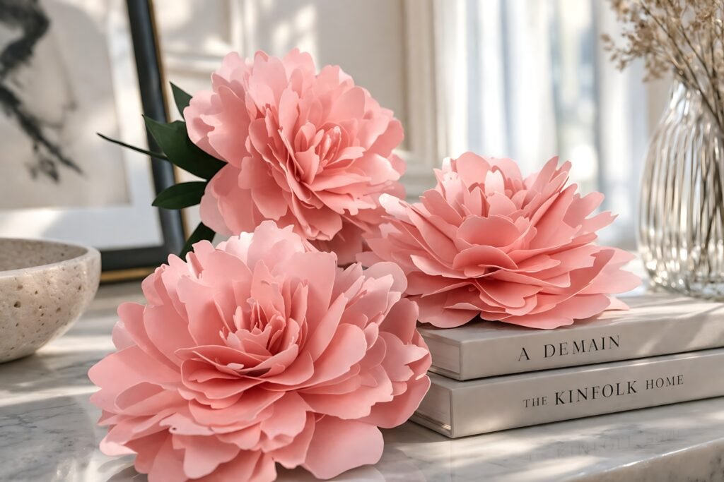 Pink paper peony flowers on stacked books