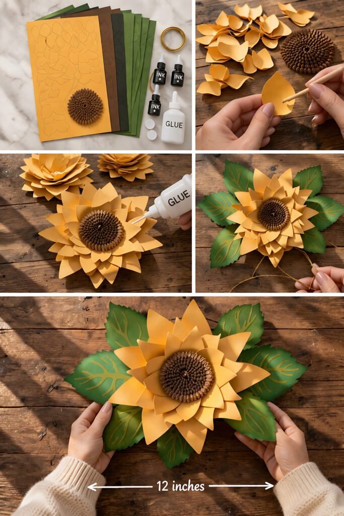 Sunflower decor paper flower pieces and assembly steps