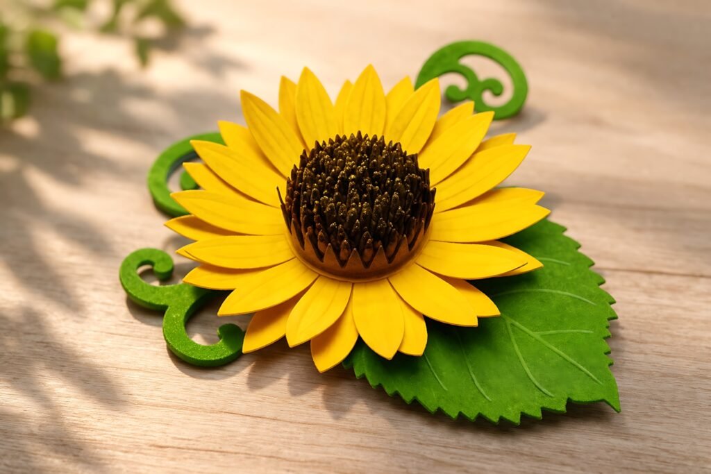 Finished decorative sunflower paper flower with leaf accents
