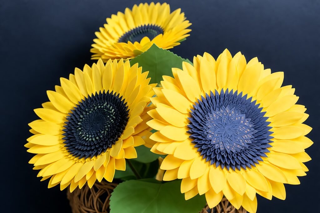 Sunflower paper flower template assembly steps and cut pieces