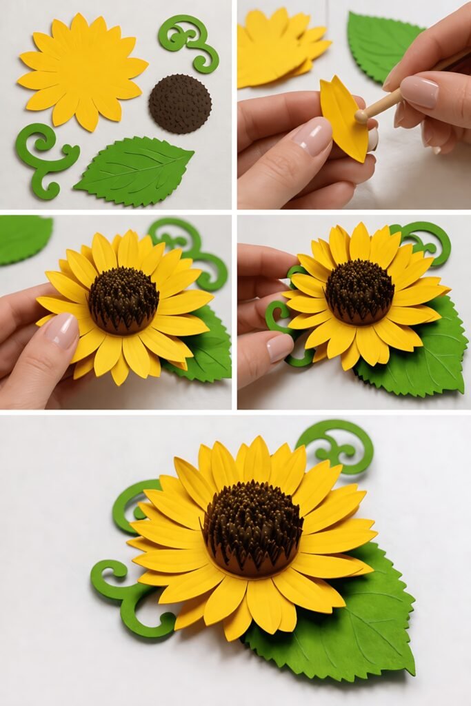 Sunflower paper flower template pieces and assembly steps