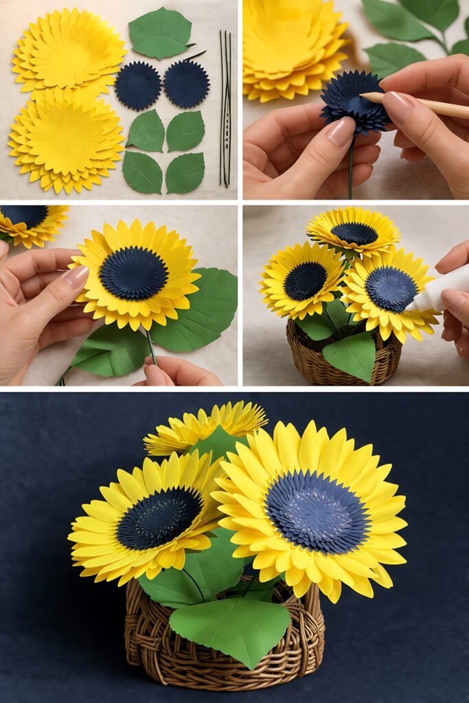 Finished sunflower paper flowers in a small basket arrangement